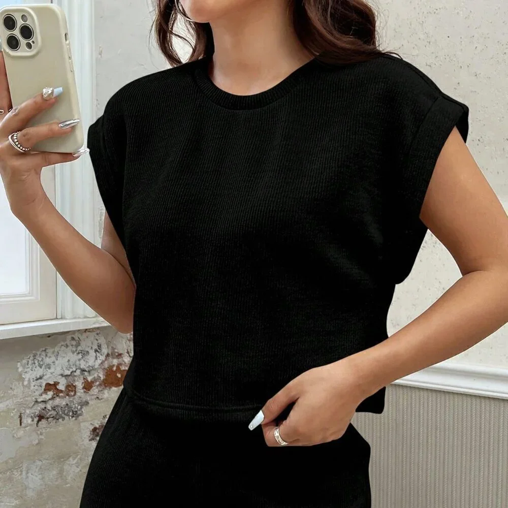 Black Casual Women's Spring/Summer Knit Loose Fit Leisure Suit